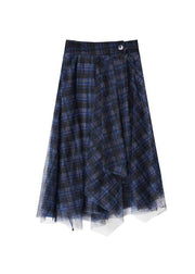 Fine Blue Plaid Button Asymmetrical Summer Skirt - SooLinen