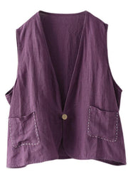 Fine Purple Pockets Button Linen Vest - SooLinen