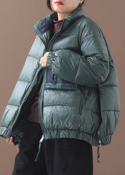 Fine green goose Down coat Loose fitting winter jacket patchwork plaid side zippered Jackets - SooLinen