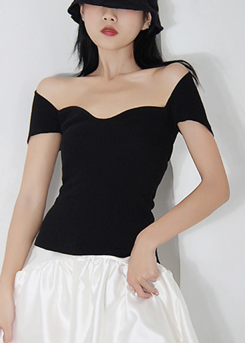 Fitted Black Cold Shoulder Cotton Top Short Sleeve