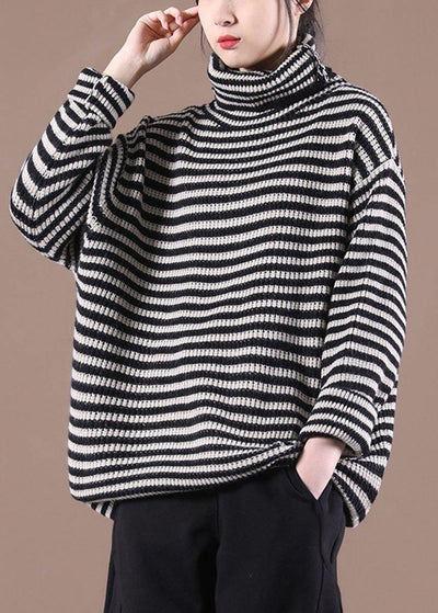 Fitted Black Striped Turtleneck Fall Knit Sweater - SooLinen