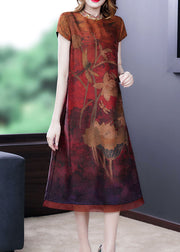 Fitted Red Print Stand Collar Silk Dresses Short Sleeve