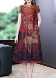 Fitted Red Print Stand Collar Silk Dresses Short Sleeve