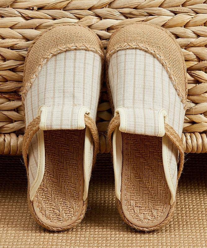 Fitted Slippers Shoes Beige Striped Cotton Linen Fabric - SooLinen