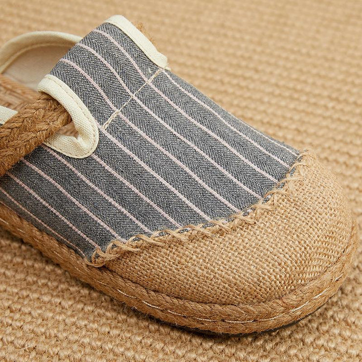 Fitted Slippers Shoes Beige Striped Cotton Linen Fabric - SooLinen