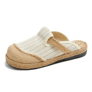 Fitted Slippers Shoes Beige Striped Cotton Linen Fabric - SooLinen