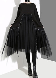 French Black O-Neck Asymmetrical Tulle Patchwork Long Dresses Spring