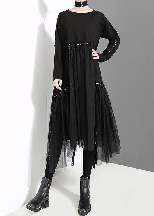 French Black O-Neck Asymmetrical Tulle Patchwork Long Dresses Spring