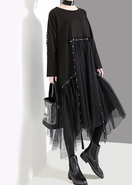 French Black O-Neck Asymmetrical Tulle Patchwork Long Dresses Spring