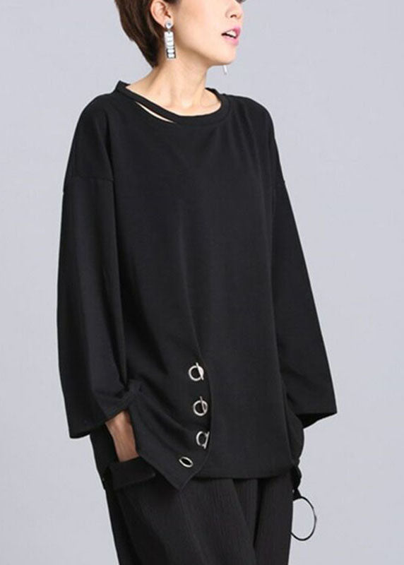 French Black O-Neck Asymmetrical design Fall Long sleeve Top