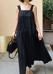 French Black Slash Neck Pockets Wrinkled Cotton Long Dress Sleeveless