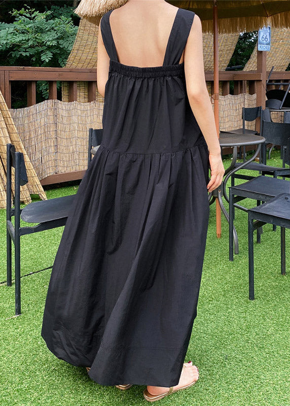 French Black Slash Neck Pockets Wrinkled Cotton Long Dress Sleeveless