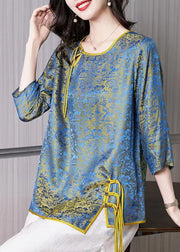 French Blue O-Neck Asymmetrical Jacquard Silk Top Half Sleeve