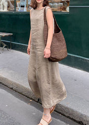 French Camel Asymmetrical Linen Long Dress Sleeveless