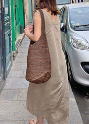 French Camel Asymmetrical Linen Long Dress Sleeveless