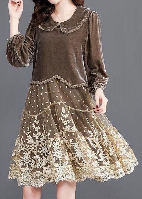 French Chocolate Embroideried Patchwork Velour Long Dresses Winter