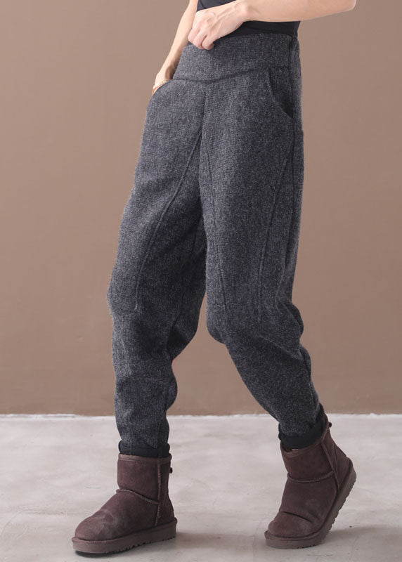 French Grey Pockets Patchwork Warm Fleece Pants Winter