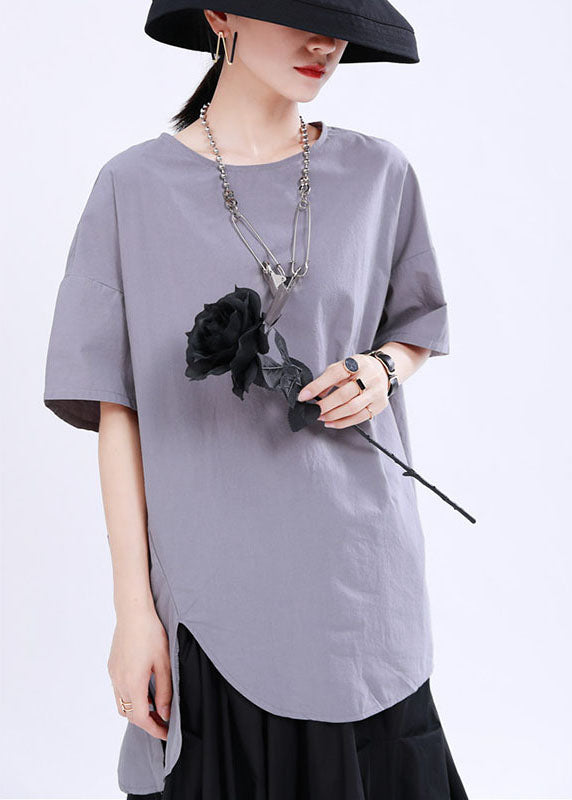 French Grey asymmetrical design Button Patchwork Fall Shirt Half Sleeve