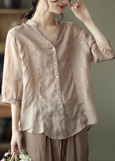 French Khaki Embroideried V Neck Ramie Blouse Top Summer - SooLinen