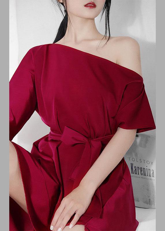 French Mulberry One Shoulder asymmetrical design tie waist Dresses Summer - SooLinen