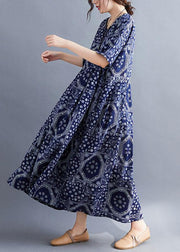 French Navy Exra Large Hem Print Dresses Cotton Linen Summer - SooLinen