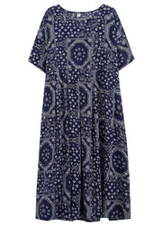 French Navy Exra Large Hem Print Dresses Cotton Linen Summer - SooLinen