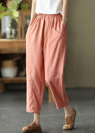 French Pink Casual Loose Patchwork Summer Linen Pants - SooLinen