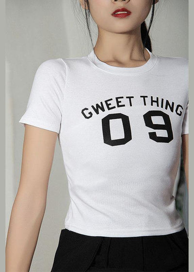 French White Letter O-Neck Cotton Summer Tops - SooLinen