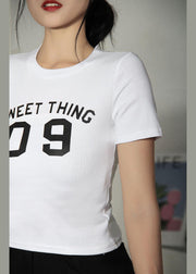 French White Letter O-Neck Cotton Summer Tops - SooLinen