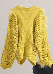 French Yellow O-Neck Hole Patchwork Knit Pullover Spring