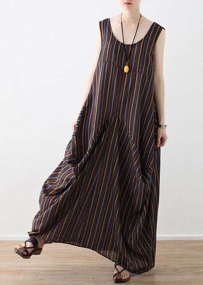 French big pockets cotton dresses yellow green striped Robe Dress summer - SooLinen