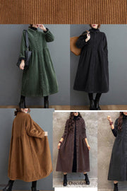 French blackish green corduroy coats Inspiration thick Cinched women coats ( Limited Stock) - SooLinen