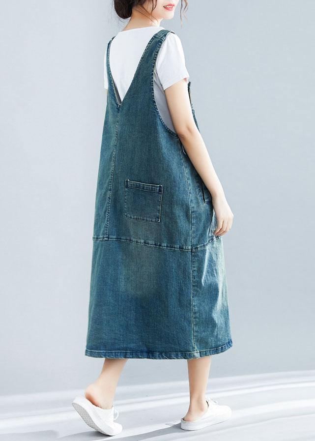 French denim blue cotton quilting dresses sleeveless cotton robes summer Dress - SooLinen