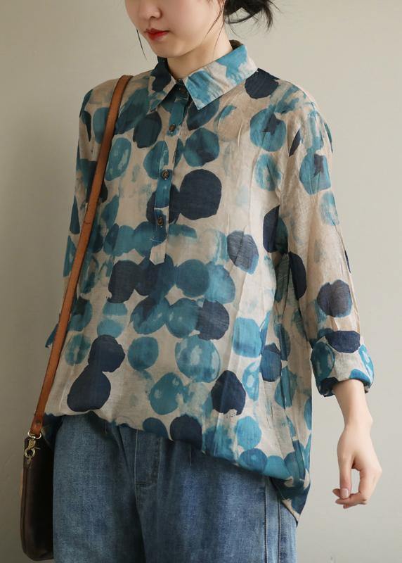 French lapel fall Tunic Wardrobes blue dotted blouses - SooLinen