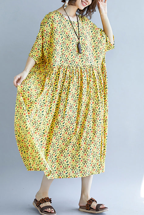 French o neck Cinched cotton dress 2024 design yellow print A Line Dresses Summer