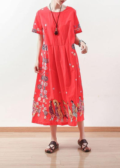 French short sleeve linen Long Shirts Shape red o neck Dress summer - SooLinen