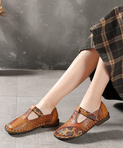 Genuine Leather Brown Flat Shoes Embossed Flats - SooLinen