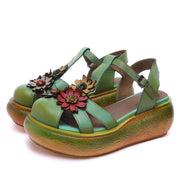 Green Cowhide Leather Buckle Strap Platform Sandals - SooLinen