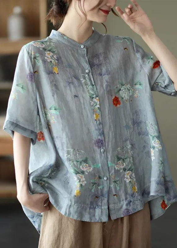 Grey Purple Print Cotton Shirts Low High Design Short Sleeve