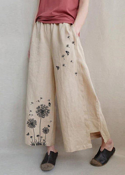 Handmade Khaki Print Dandelion Wide Leg Pants Summer Cotton Linen - SooLinen