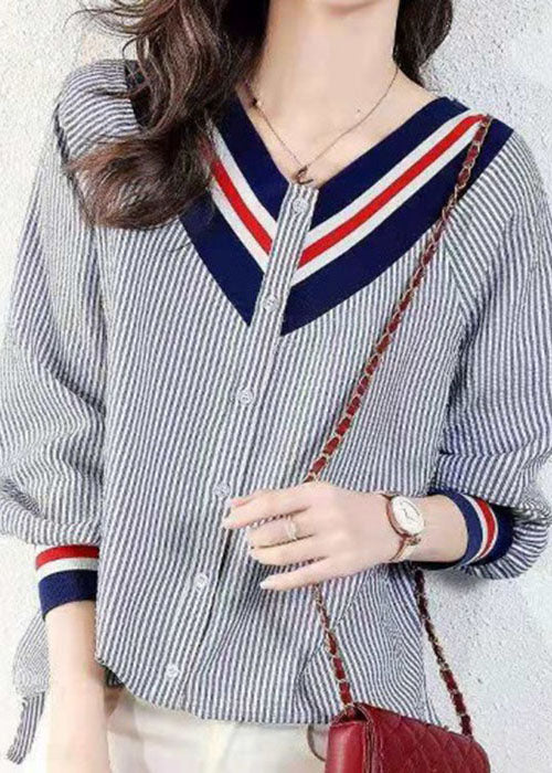 Handmade Pink V Neck Striped Cotton Blouses Spring