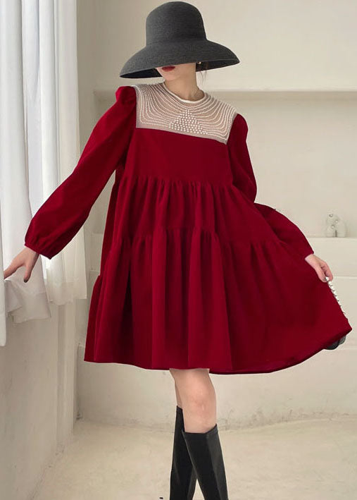 Handmade Red Patchwork Velour Mini Dress Spring