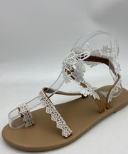 Handmade White Lace Fabric Walking Sandals Cross Strap Flats Sandals