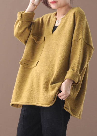 Handmade Yellow Pockets Warm Fall Knit Top - SooLinen