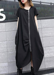 Handmade black asymmetric cotton Long Shirts zippered long summer Dress - SooLinen