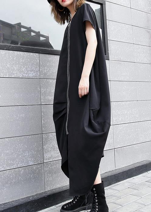 Handmade black asymmetric cotton Long Shirts zippered long summer Dress - SooLinen