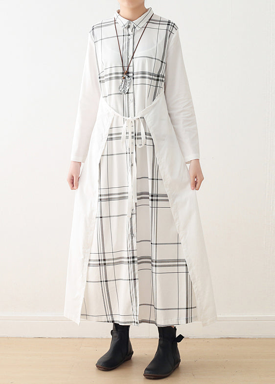 Handmade lapel tie waist cotton quilting dresses Omychic Sleeve white Plaid Maxi Dresses spring