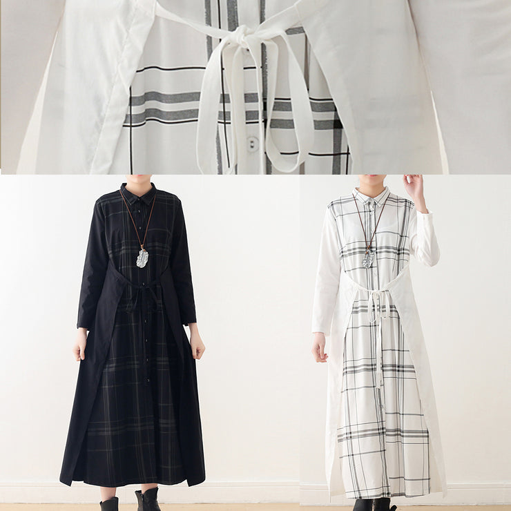 Handmade lapel tie waist cotton quilting dresses Omychic Sleeve white Plaid Maxi Dresses spring