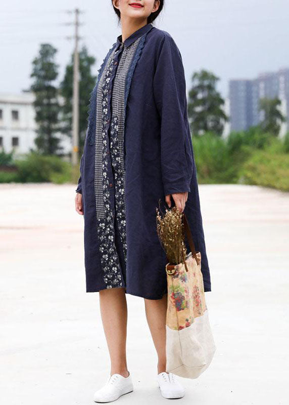 Handmade linen Robes Fashion Retro Blue Splice Turn-down Collar Linen Dress