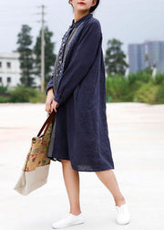 Handmade linen Robes Fashion Retro Blue Splice Turn-down Collar Linen Dress